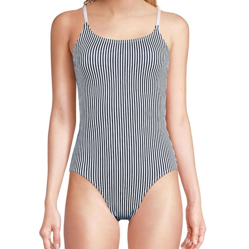 lands end new Women's 18 navy blue striped Tugless Thin Strap One Piece Swimsuit